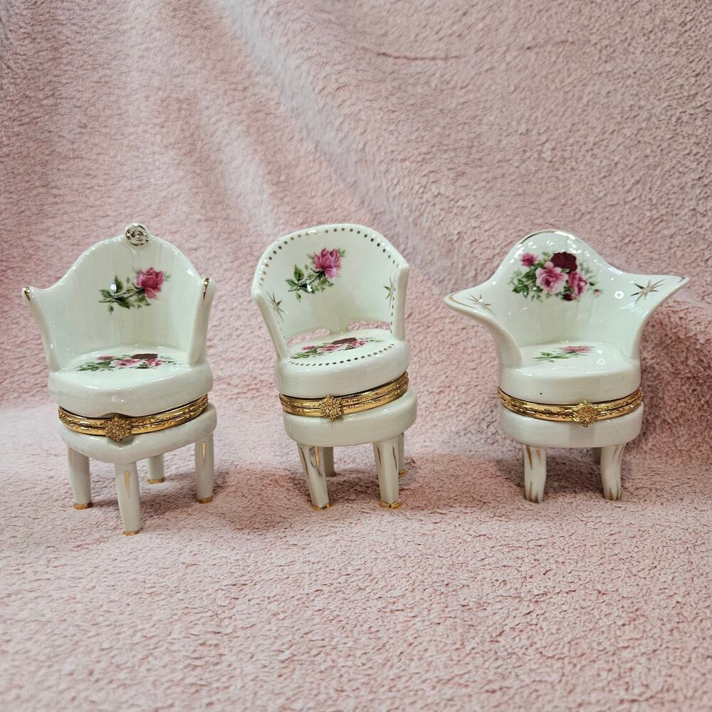 3 Porcelain Victorian Chairs Rose Floral Design Trinket Boxes Gold Hinge Accents